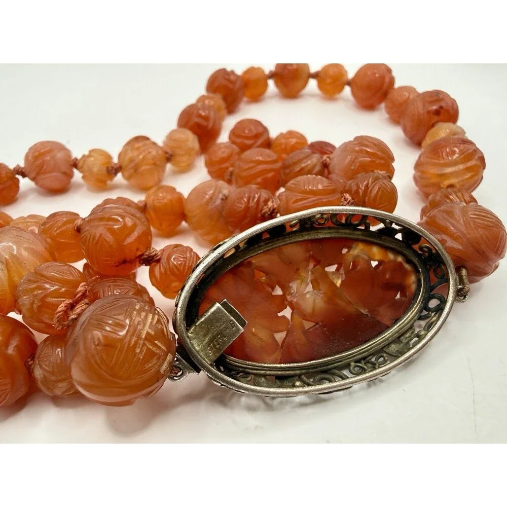 Vintage Chinese Carved Carnelian Sterling Silver Filigree Art Deco Bead Necklace